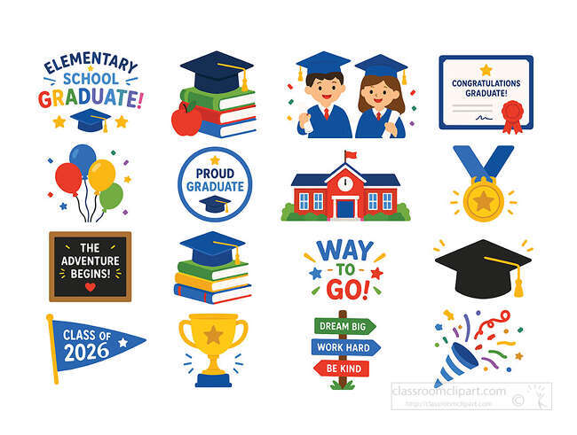 Elementary school graduation icon set with caps diplomas books graduates school medal trophy pennant and confetti