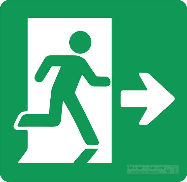 Green emergency exit sign with running person and white arrow pointing right