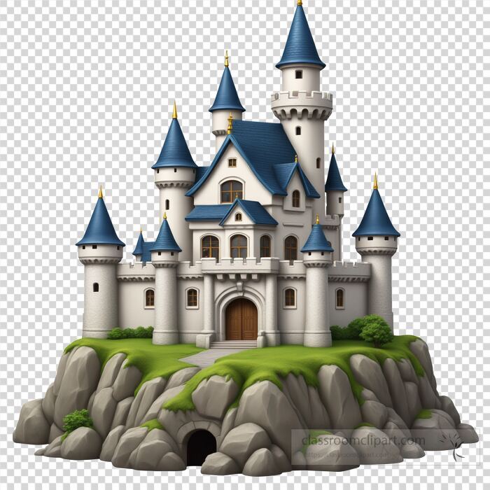 fantasy emoji castle with blue pointed towers built on rocky hill
