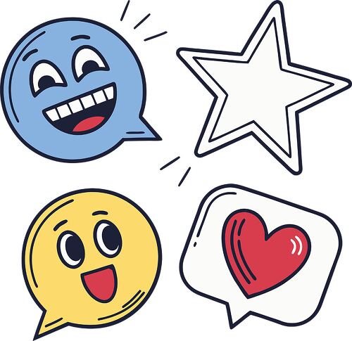 A set of colorful emoji style stickers including a happy face a star a heart and a speech bubble