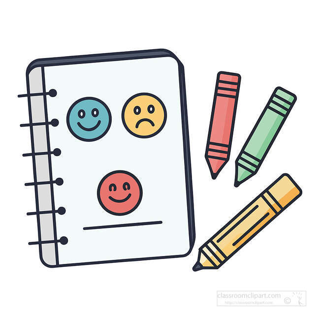 Spiral notebook with smiley and sad face drawings beside colorful crayons