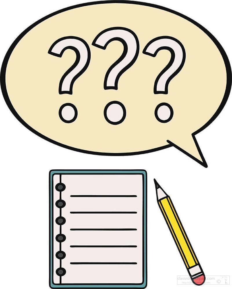 A colorful speech bubble displays three question marks symbolizing curiosity. Below it lies a blank notepad and a pencil inviting thoughts ideas and reflections.