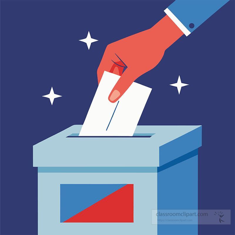 A hand places a ballot into a blue voting box against a dark background The process symbolizes participation in modern presidential elections and voter engagement