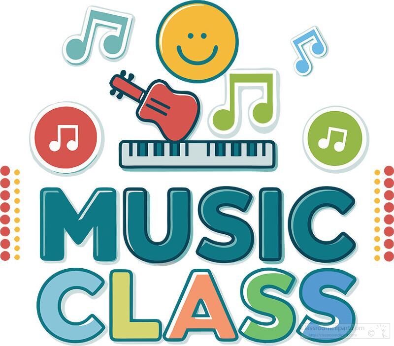 Vibrant and colorful design depicts a music class setting with a cheerful smiley musical notes and instruments It invites joy and creativity in learning music together