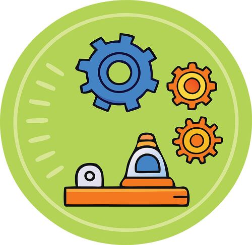 A set of colorful gears and a small machine illustration on a green background