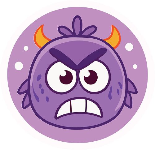 A furious purple monster with sharp teeth and horns in a fun round sticker.