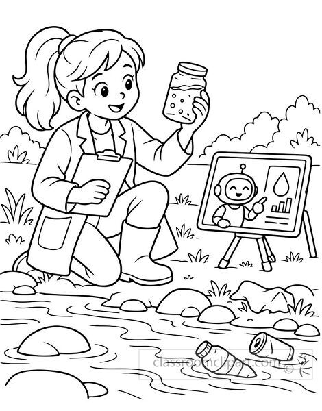 Female scientist examines a river water sample while an AI tablet displays water data beside floating plastic waste