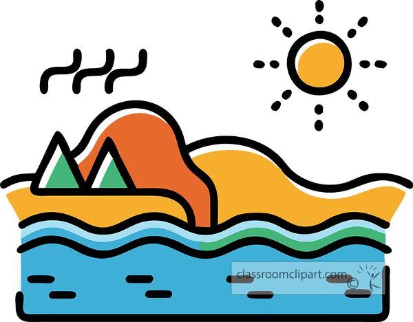 A colorful landscape illustration featuring mountains, a river, and a sun. The scene includes stylized waves and trees, with a bright and cheerful aesthetic.