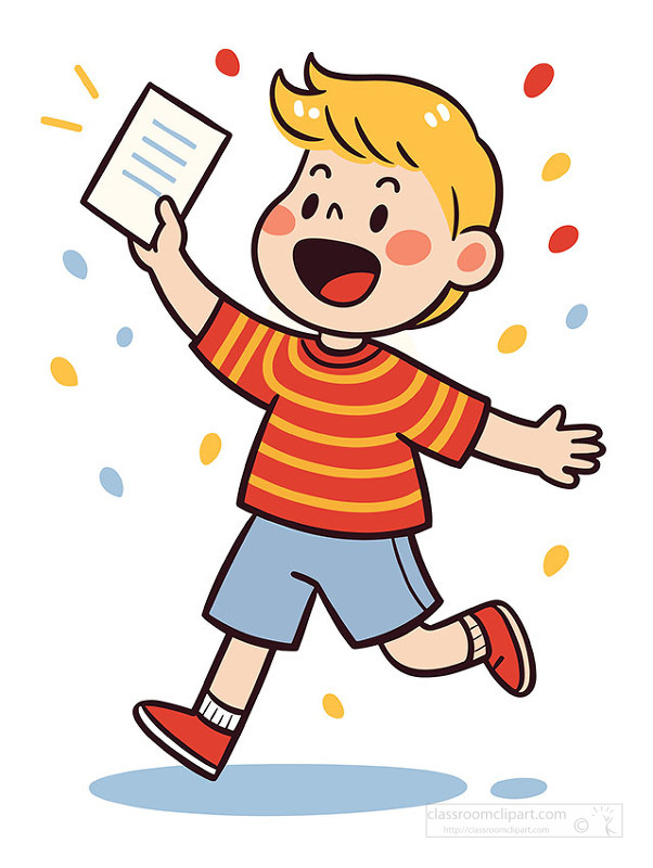 cheerful cartoon boy running happily while holding a sheet of paper
