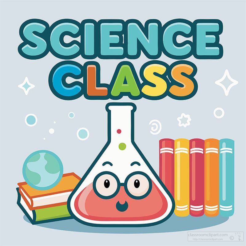 Bright colors and playful designs create an inviting atmosphere for learning A cartoon flask with a smile stands out next to books and a globe inspiring curiosity and fun in education