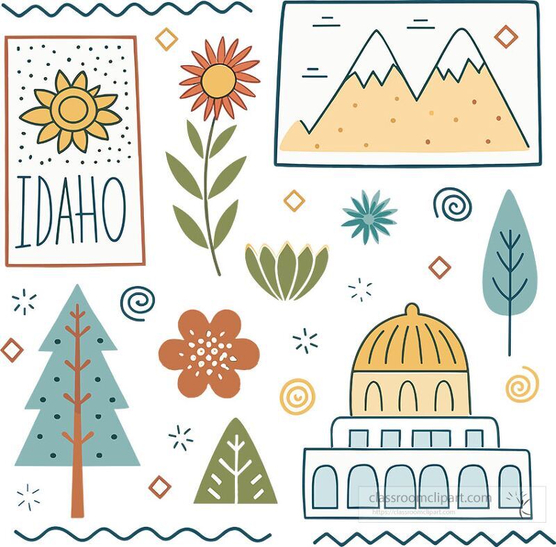 This colorful clip art highlights Idahos unique landmarks and symbols It features mountains flowers trees and the state’s iconic elements showcasing its natural beauty and culture