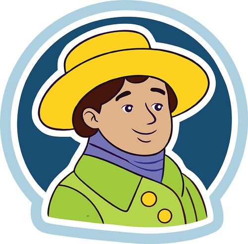 A round sticker featuring a smiling cartoon explorer in a yellow hat and green coat