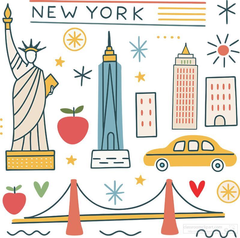 Vibrant illustrations showcase iconic landmarks of New York featuring the Statue of Liberty skyscrapers the Golden Gate Bridge and a yellow cab amidst playful designs and symbols.