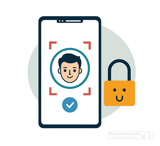 A smartphone with a face scan screen and padlock shows secure phone access through facial recognition technology