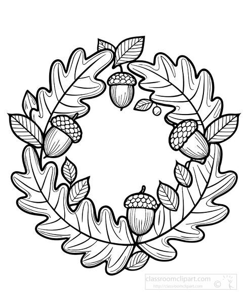 Printable fall wreath coloring page featuring acorns and oak leaves perfect for autumn crafts and classroom activities