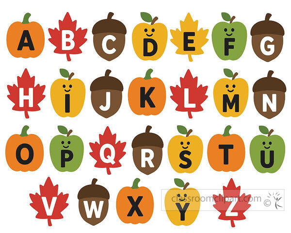 Fall alphabet with letters on pumpkins maple leaves apples and acorns in warm autumn colors