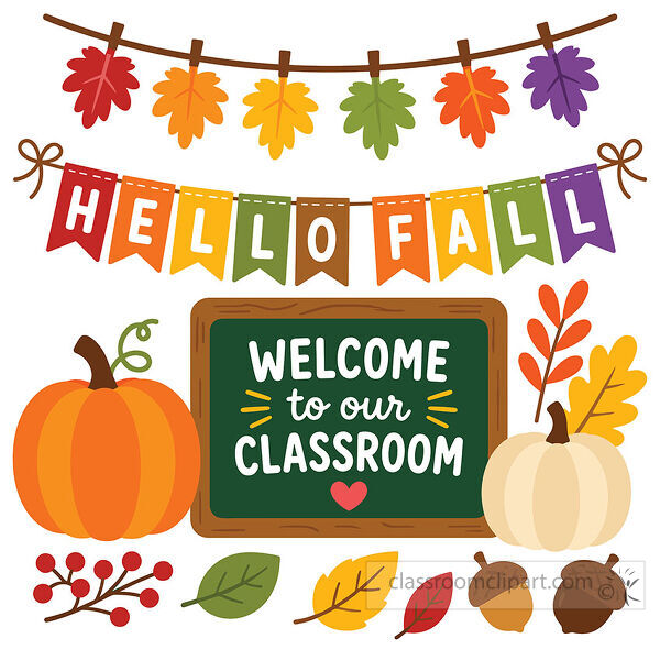 Fall classroom welcome sign combines pumpkins leaves and banners for seasonal school decor and teacher displays