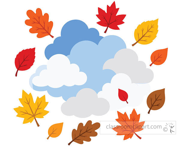 Fall weather clipart with blue and gray clouds surrounded by colorful autumn leaves for seasonal classroom use