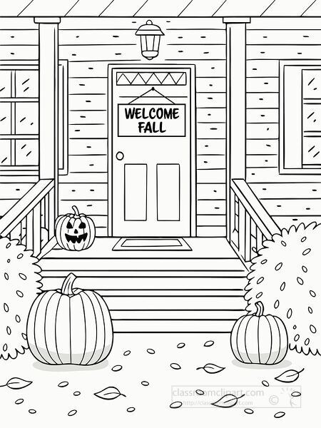Simple black and white line drawing of a cozy fall porch with pumpkins and a welcome fall sign perfect for kids coloring pages and autumn crafts