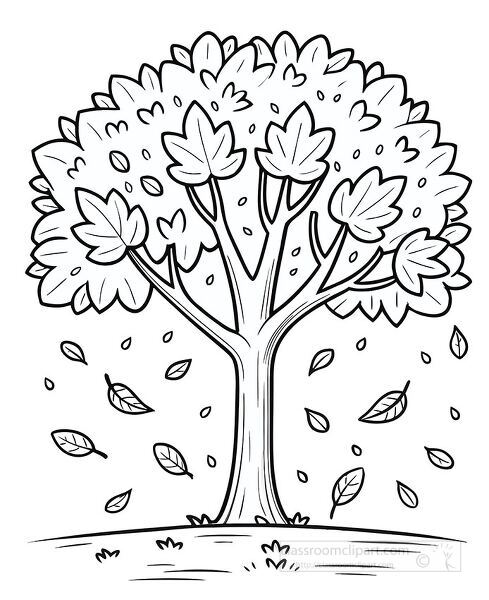 Coloring page featuring a fall tree with leaves blowing in the wind fun autumn printable for kids and classrooms