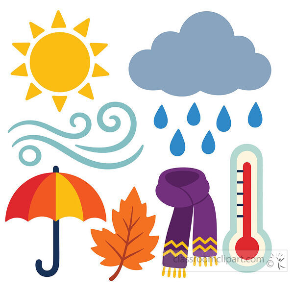 Fall weather icons with sun clouds rain wind umbrella scarf thermometer and leaves