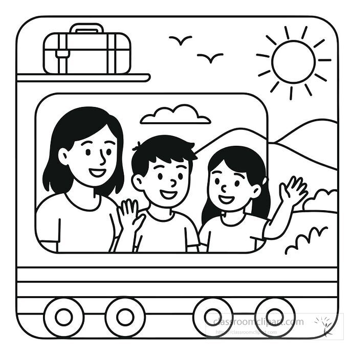 Coloring page of a family traveling by train on summer vacation with scenic mountain background and luggage