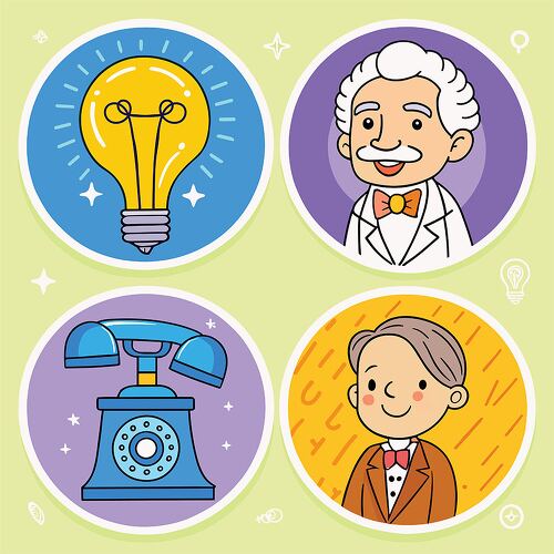 A set of four colorful clipart illustrations featuring historical inventors, a telephone, and a light bulb