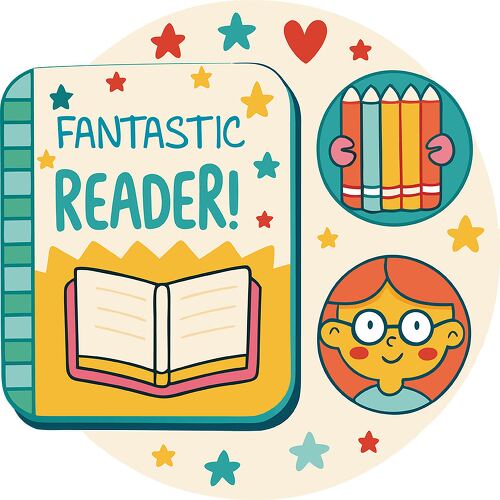 A bright and engaging sticker that encourages reading with fun cartoon style elements