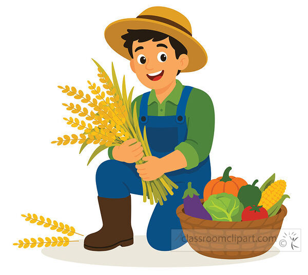 Smiling farmer in blue overalls and straw hat holds golden grain beside a basket filled with fresh harvest vegetables
