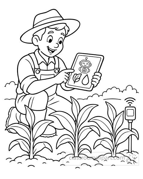 Farmer checks an AI tablet for plant and water information while kneeling among crops beside a wireless field sensor