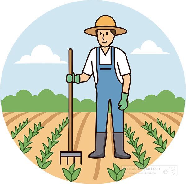A farmer in overalls and boots working in a crop field surrounded by young green plants