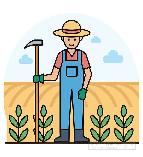 A friendly farmer wearing overalls hat and gloves standing in a crop field holding a hoe with a bright blue sky and clouds clipart