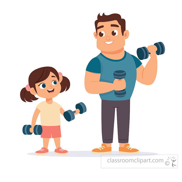 Father and daughter fitness clipart shows them smiling and lifting dumbbells together in workout clothes