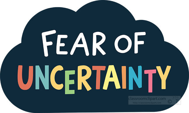 Fear of Uncertainty lettering appears inside a solid dark cloud with bright multicolored word accents