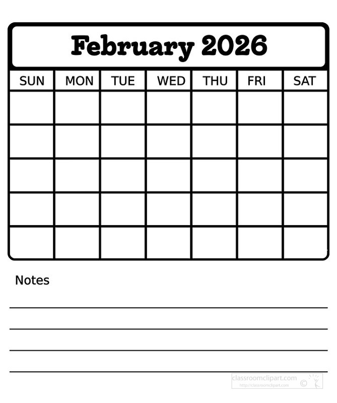 Black and white february 2026 calendar sheet that combines a clear monthly grid with lined notes at the bottom ideal for tracking events goals and important reminders