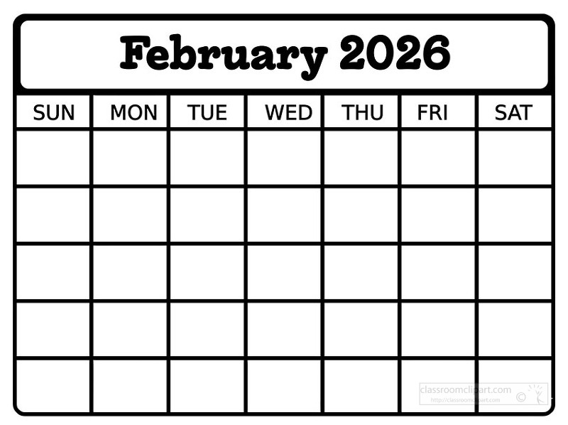 Simple black and white february 2026 calendar page featuring a clean grid layout with Sunday through Saturday