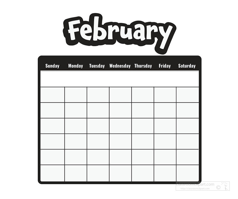 Clean black and white February calendar layout with bold header and empty boxes perfect for coloring and classroom photocopies