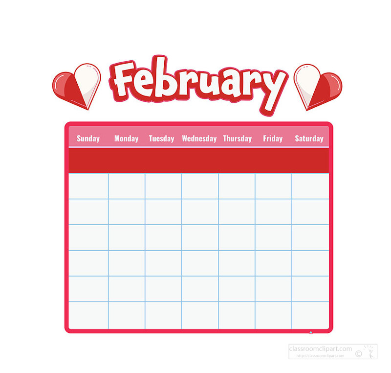 February monthly calendar with red header and large heart graphics around the title