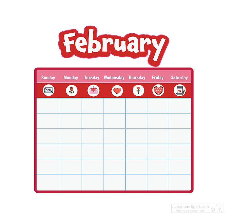 Cute February calendar page with weekday grid and small valentines icons like hearts roses and love letters across the header