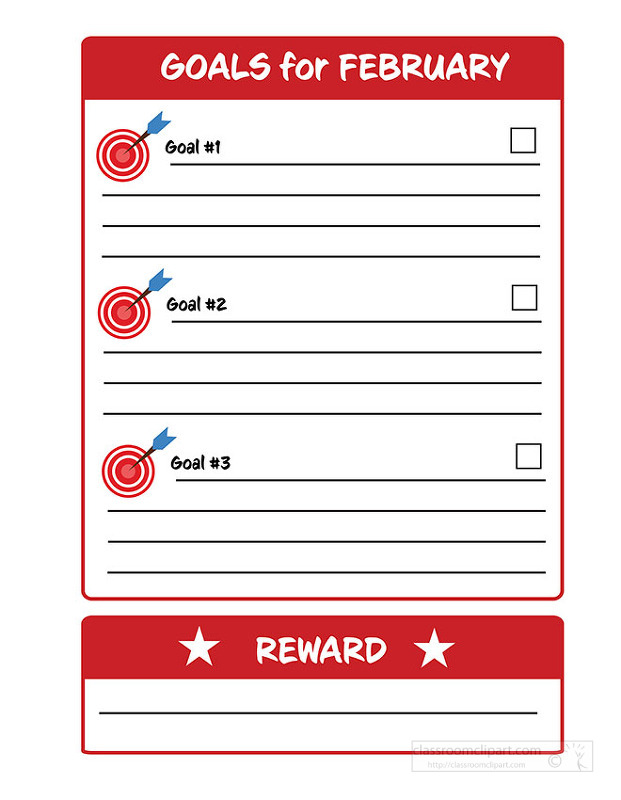 rintable february goals chart designed for children. Shows three target icons with space to write goals plus checkboxes and a reward section at the bottom