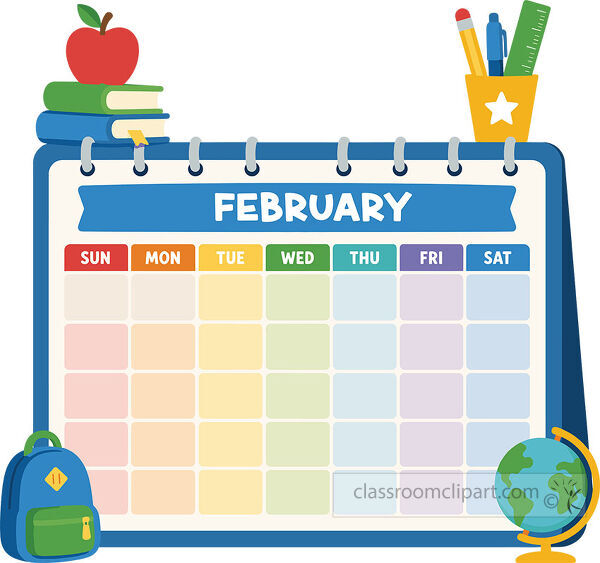 February school calendar template with a blank weekday grid books apple backpack pencil cup and globe