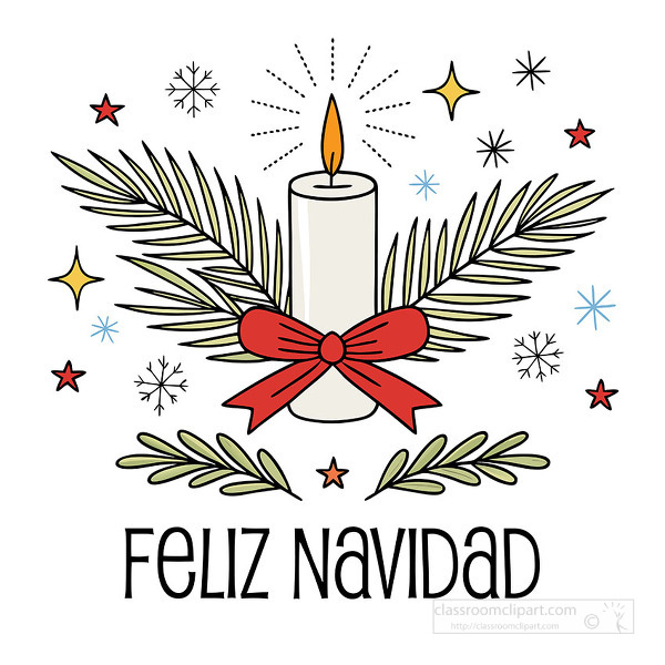 Christmas candle is decorated with pine branches red bow and winter symbols. The Spanish greeting Feliz Navidad appears below