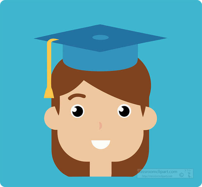 A simple female graduate avatar with a blue cap offers a clean education themed portrait for school and graduation use