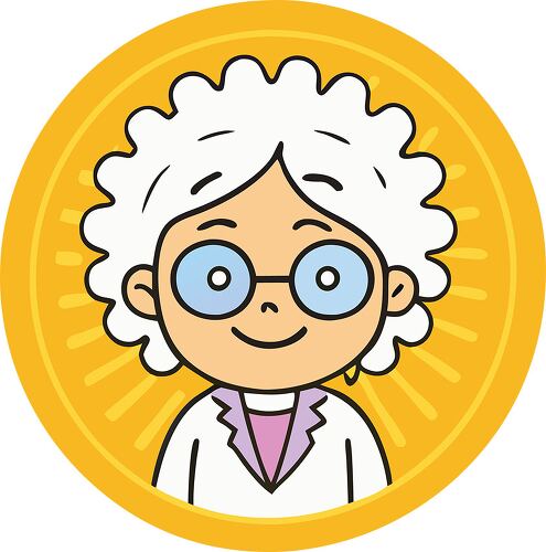 A cartoon illustration of a female scientist with curly white hair wearing a lab coat and glasses on a golden background