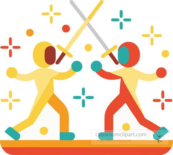 Two stylized fencers engage in a vibrant duel with swords Clip Art