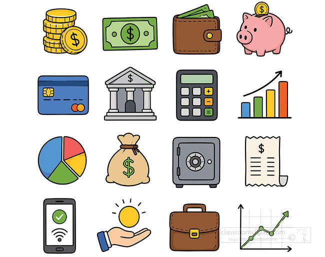 Finance icon set with coins cash wallet piggy bank credit card bank calculator charts receipt safe and briefcase