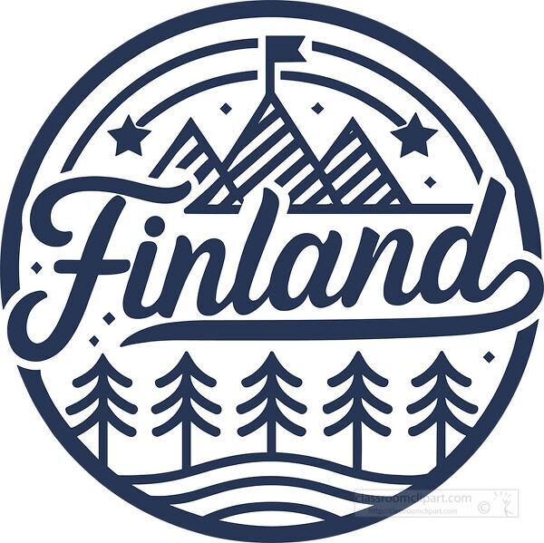 round Finland badge design showing pine trees and mountain peaks minimalist blue logo style ideal for travel branding