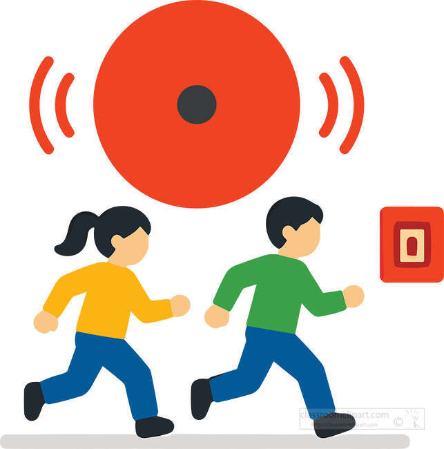 Two children running below a red alarm bell toward a wall alarm button