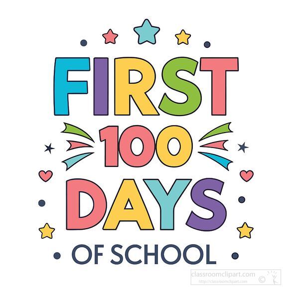 Celebrate the first 100 days of school with a colorful design featuring stars hearts and bold rainbow text perfect for kids and classrooms