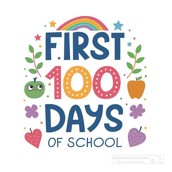 Fun and colorful first 100 days of school design with rainbow apples hearts and bright text great for kids teachers and classroom decorations